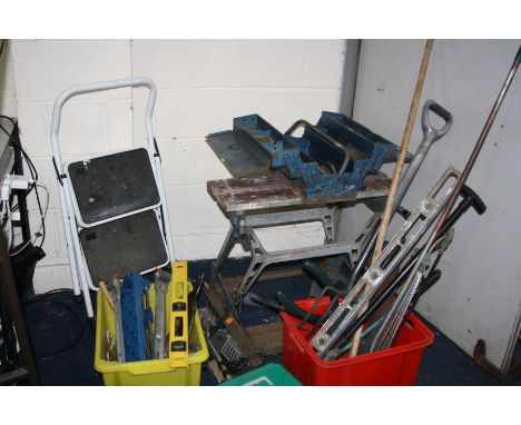 A BLACK AND DECKER WORKMATE, two trays and a metal toolbox containing tools including a Moore and Wright micrometre, two spir