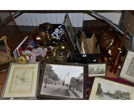 THREE BOXES AND LOOSE METALWARES, BOOKS, PICTURES AND SUNDRIES, including 20th Century copper planters, set of brass and oak 