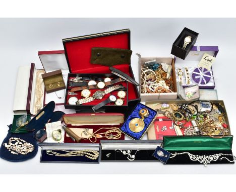 A BOX OF MOSTLY COSTUME JEWELLERY AND OTHER, to include a silver bladed fruit knife with a mother of pearl handle, hallmarked