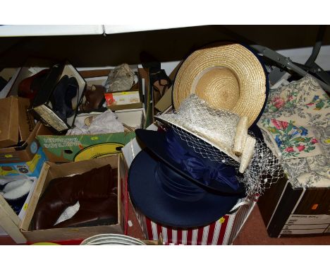 A HAT BOX OF ASSORTED LADIES HATS AND FOUR BOXES OF BOXED LADIES SHOES, BOOTS AND CURTAINS, including three Kangol hats, an E