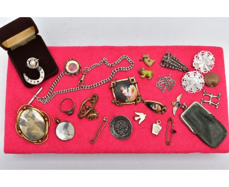 A BOX OF MISCELLANEOUS ITEMS, to include a silver Albert chain fitted with a T-bar stamped 'Sterling' suspending a compass ha