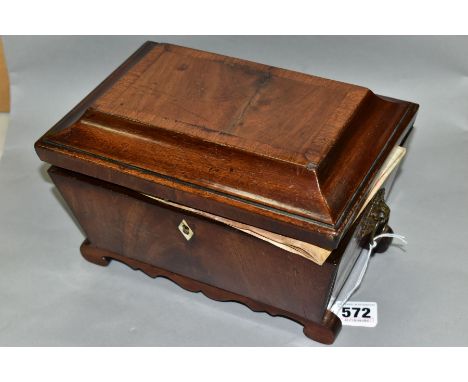 A MAHOGANY SARCOPHAGUS SHAPED TEA CADDY, missing interior and crack to top, width 23cm x depth 15.5cm, together with an inden