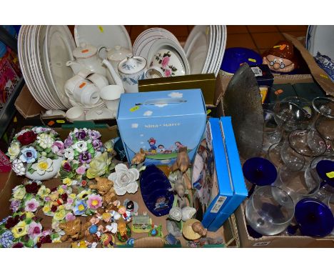 THREE BOXES AND LOOSE CERAMICS, GLASS AND ORNAMENTS ETC, to include Villeroy &amp; Boch 'Cortina' tea/dinner wares, Royal Dou