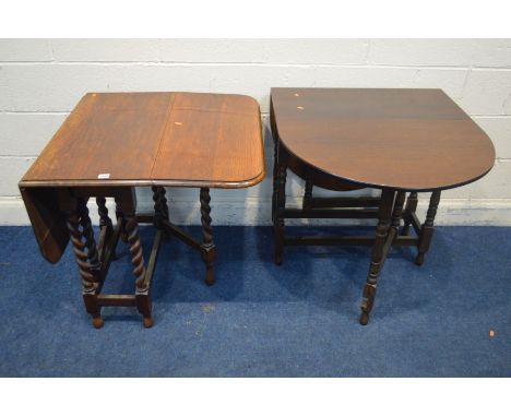 AN EARLY 20TH CENTURY OAK BARLEY TWIST GATE LEG, and another gate leg table (2)