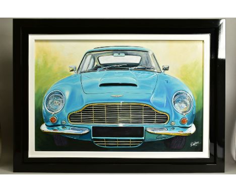 ROZ WILSON (BRITISH 1960) 'ASTON MARTIN' a turquoise classic car, signed bottom, signed Best Wishes verso, oil on canvas, app