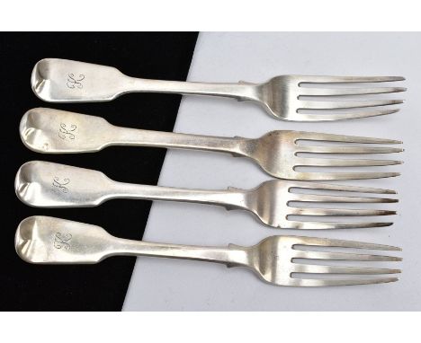 FOUR SILVER GEORGE IV FIDDLE FORKS, each with an engraved initial 'K' to the handles, hallmarked London 1821-24 'Jonathan Hay