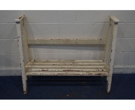 A VINATGE PAINTED SLATTED BENCH, width 118cm x depth 40cm x height 97cm