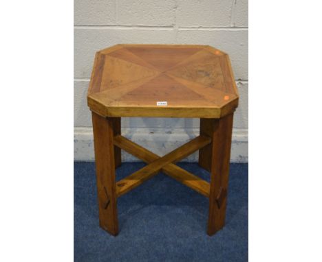 A MULTIWOOD SQUARE OCCASIONAL TABLE canted corners on a cross stretchered base 50cm squared x height 56cm together with a a m