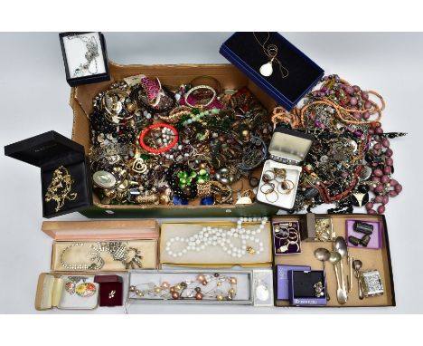 A BOX OF ASSORTED COSTUME JEWELLERY, to include necklaces, earrings, rings, brooches in various forms,  such as a white metal