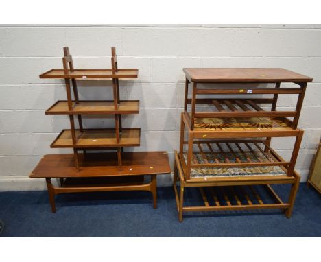 TWO BEECH TILE TOP COFFEE TABLES together with a similar teak coffee table, a three tier open bookcase and another oblong tea
