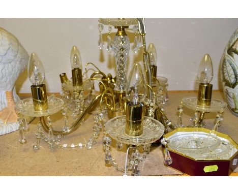 A MODERN FIVE BRANCH CHANDELIER, with glass droppers, approximate height 29cm, together with similar wall light and extra par