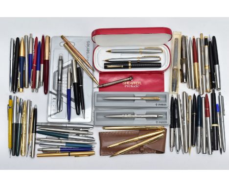 A BOX OF PENS AND RETRACTABLE PENCILS, to include a variety of ball point, fountain pens and retractable pencils, with names 