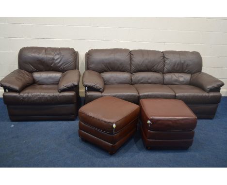 A JH HICOLITY BROWN LEATHER MANUAL RECLINING TWO PIECE LOUNGE SUITE, comprising a three seater settee, width 218cm x depth 96