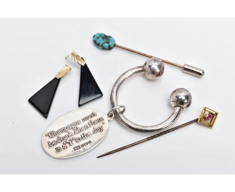 A GOLD RUBY TOPPED STICK PIN, A TURQUOISE STICK PIN, A SILVER KEYRING AND A PAIR OF EARRINGS, the first stickpin with a gold 