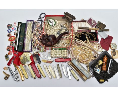 A BOX OF MISCELLANEOUS ITEMS, to include a box of cultured pearl and imitation pearl necklaces and bracelets, a carved wooden