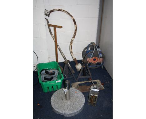 A COLLECTION OF METALWORK AND MISC including a vintage cast iron Lantern bracket, a tray of four 6ins casters, a marble paras