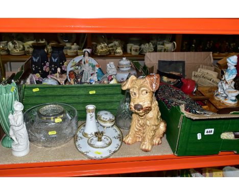 TWO BOXES OF ORNAMENTS AND SUNDRIES, ETC, to include Sylvac 1380 dog, Renaissance bisque bird ornaments, Staffordshire style 