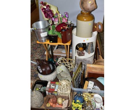 THREE BOXES AND LOOSE CERAMICS, GLASS, BINOCULARS, COLLECTABLES, ARTIFICIAL FLOWERS, etc, including a champagne bucket, small