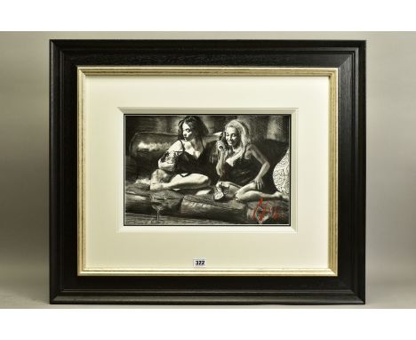 FABIAN PEREZ (ARGENTINA 1967) 'EUGIE &amp; GEO II' two scantilly clad female figures sitting on a sofa, signed bottom right, 