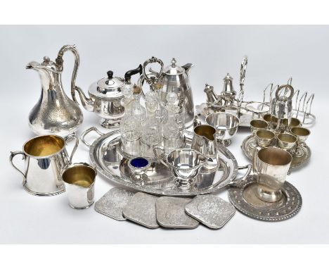 A BOX OF METALWARE. To include a white metal and glass six-piece cruet set, a 'Walker &amp; Hall' white metal six-piece egg c