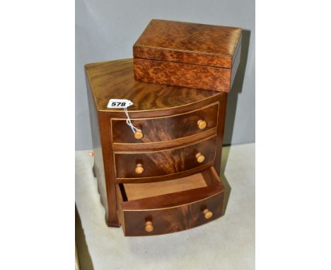 A 20TH CENTURY GEORGE III STYLE MAHOGANY MINIATURE CHEST WITH THREE GRADUATED DRAWERS, on bracket feet, height 25cm x width 2