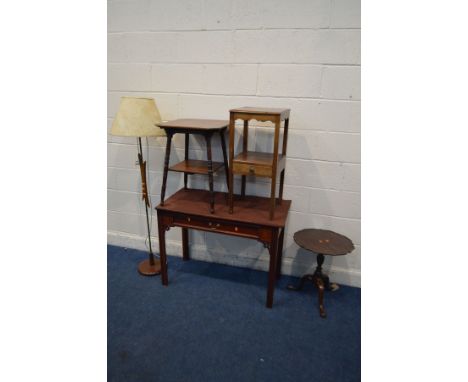 AN EDWARDIAN WALNUT OCCASIONAL TABLE, together with a mahogany telephone table, side table with a single drawer, 1970's teak 