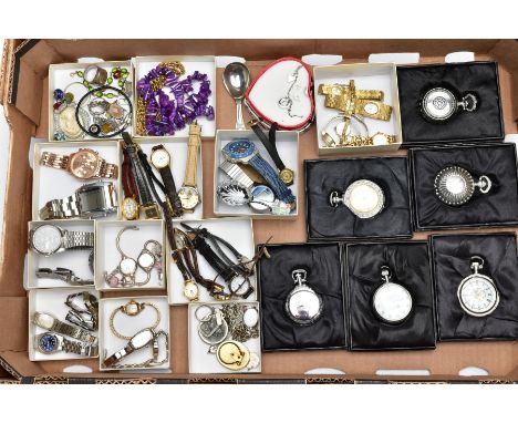 A BOX OF ASSORTED WRISTWATCHES, NOVELTY POCKET WATCHES AND COSTUME JEWELLERY, to include a variety of ladies and gents wristw