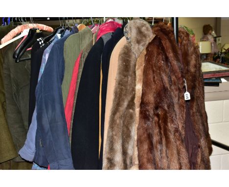 A GROUP OF LADIES COATS, GILETS, DRESSES, ETC, to include a short brown mink fur jacket, a long light brown Coney fur coat (d