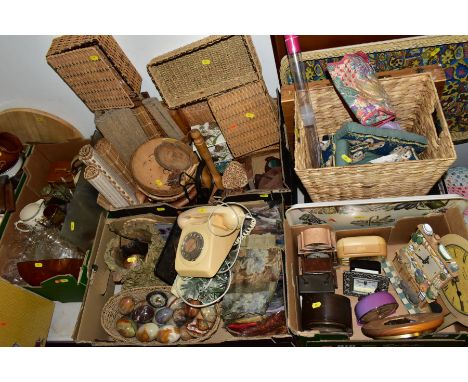 FIVE BOXES AND LOOSE OF HOUSEHOLD GLASSWARE, CROCKERY, UTENSILS, WICKER AND CANE ITEMS, ETC, including a box of quartz wall a