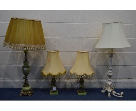 A BRASS AND ONYX FIGURAL TABLE LAMP, height 88cm, a pair of similar table lamps and a white painted table lamp, all with shad