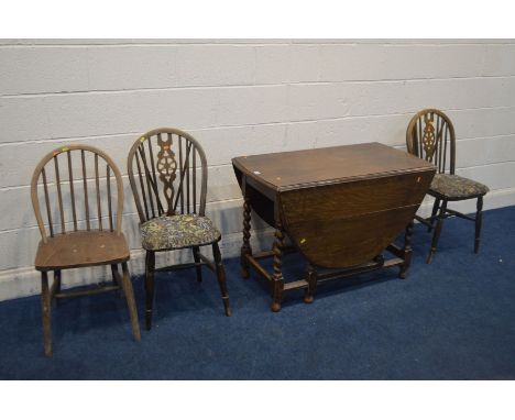 A EARLY TO MID 20TH CENTURY OAK BARLEY TWIST GATE LEG TABLE, and three various chairs (sd) (4)