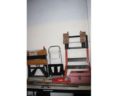 A BLACK AND DECKER WORKMATE, a Portable Workbench Vice, a plastic toolbox including tools, a folding stack truck, two Record 