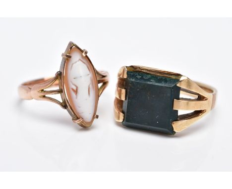 A CAMEO AND A BLOODSTONE SIGNET RING, to include a rose gold tone, worn cameo ring of a marquise shape with trifurcated shoul