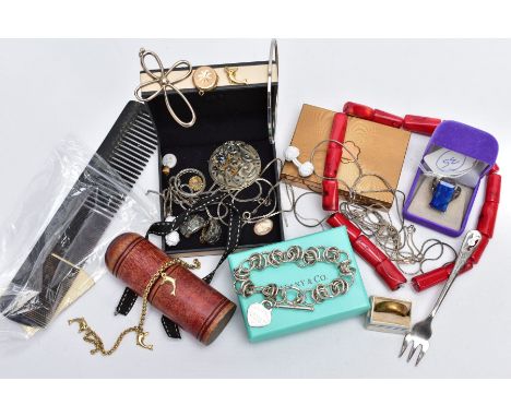 A BOX OF MISCELLANEOUS ITEMS, such as a white metal ring designed with a claw set, step cut rectangular cut sodalite stone wi