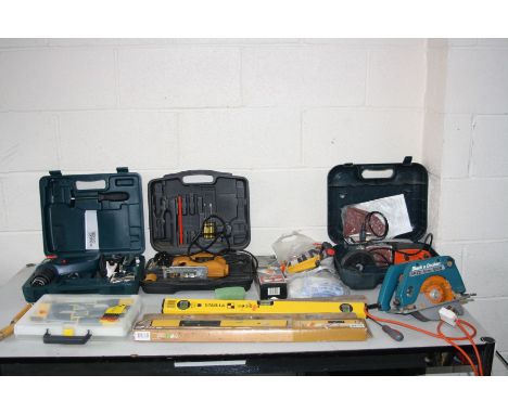 A BLACK AND DECKER 2000W HEAT GUN, four in one Sander and vintage Circular Saw (PAT fail) an Einhell Jigsaw , 4 spirit levels