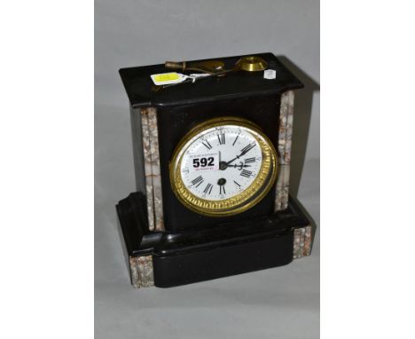 A BLACK SLATE AND MARBLE MANTEL CLOCK, white enamel dial with Roman numeral, hour markers and Arabic seconds markers, with ke