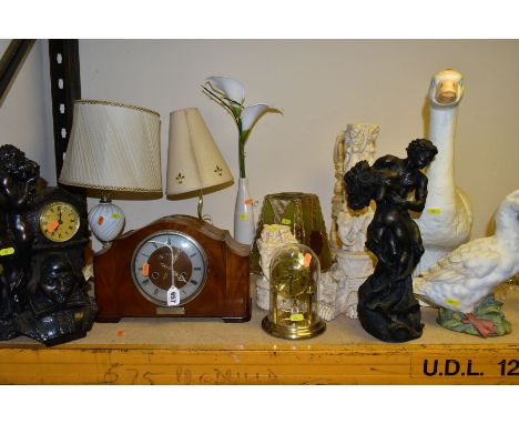 SCULPTURES, CLOCKS AND LAMPS, etc to include an Enfield chiming mantel clock - requires attention, quartz anniversary clock, 