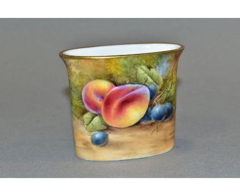A ROYAL WORCESTER MATCH HOLDER, hand painted fruit decorated, signed J. Smith, height 6cm (Condition Report:- No sign of chip