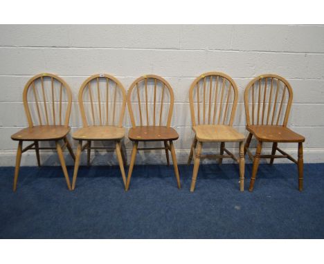 A SET OF THREE BLONDE ERCOL MODEL 400 ELM AND BEECH KITCHEN CHAIRS, along with two similar Ercol chairs (sd to finish) (5)