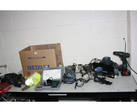 A BOX CONTAINING A QUANTITY OF POWER TOOLS including a Bosch 14.4v cordless drill with two batteries (no charger), a Black an