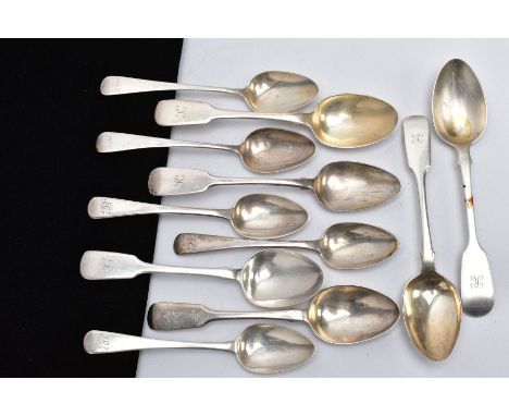 A QUANTITY OF SILVER TEASPOONS, to include six Fiddle pattern teaspoons engraved with an initial 'K' to each handle five hall