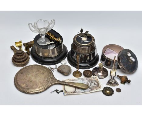 A BOX OF MISCELLANEOUS ITEMS, to include a broken weighted circular silver base possibly candle stick base, hallmarked Birmin