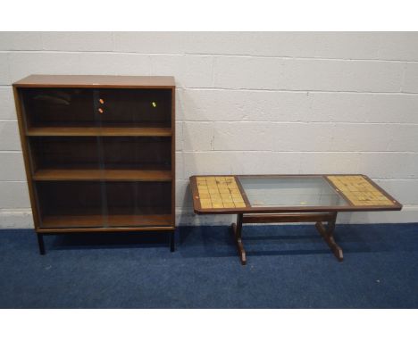 AN AFROMOSIA SLIDING GLAZED BOOKCASE, on a metal base, width 92cm along with a teak glass and tile topped coffee table (2)