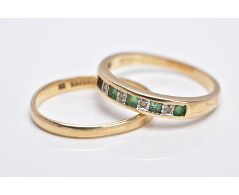 A 9CT GOLD EMERALD AND DIAMOND HALF HOOP RING AND A 9CT GOLD BAND, the half hoop ring designed with a row of channel set squa