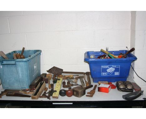 TWO TRAYS CONTAINING HANDTOOLS including braces, dressing tools, marking and mortice gauges, mallets, hammers, etc