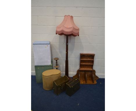 AN EARLY TO MID 20TH CENTURY MAHOGANY STANDARD LAMP, with a pink fabric shade,  together with three various Lloyd loom linen 