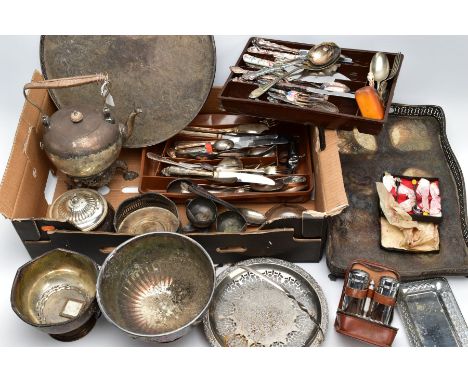 A BOX OF METALWARE, to include a large 'Barker Ellis' EPCA foliate engraved circular tray, a white metal wavy edge, rectangul