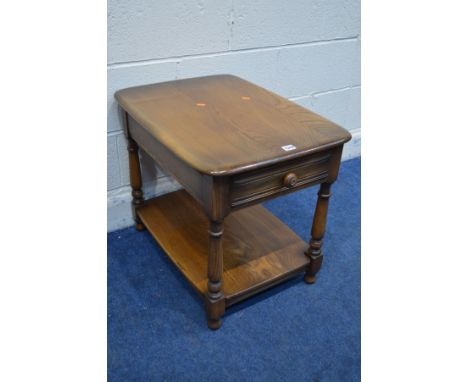 AN ERCOL GOLDEN DAWN ASH LAMP TABLE with a single drawer, width 67cm x depth 49cm x height 55cm