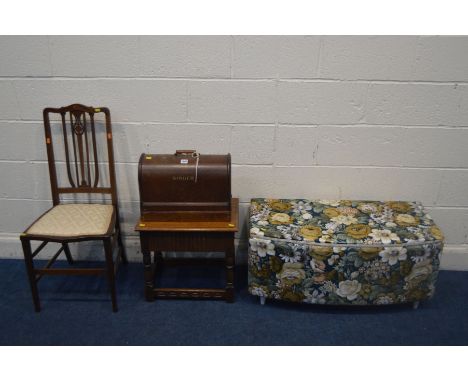 AN OAK CASED SINGER SEWING MACHINE, an oak lamp table with a single drawer, single Edwardian mahogany chair and a floral upho