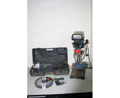 A POWERCRAFT DP500 PILLAR DRILL , a machine vice and a Powercraft 9 inch angle grinder with spare discs (PAT pass and working